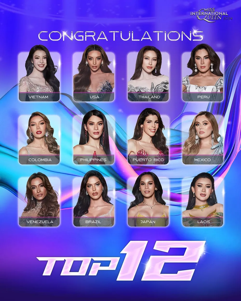 Top 12 Miss International Queen 2024 gồm các đại diện của Thái Lan, Mỹ, Việt Nam, Peru, Colombia, Philippines, Puerto Rico, Mexico, Venezuela, Brazil, Nhật Bản, Lào. miss-international-queen-2024.jpg