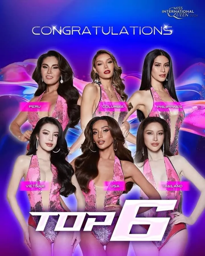 Không ngoài dự đoán top đại diện của top 6 Miss International Queen 2024 gồm Thái Lan, Việt Nam, Mỹ, Peru, Colombia, Philippines. miss-international-queen-20242.jpg