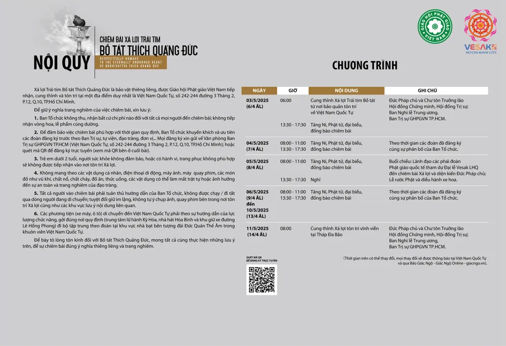 Lịch trình chi tiết và nội quy khi chiêm bái xá lợi trái tim Bồ tát Thích Quảng Đức. Ảnh: BTC dai-le-vesak1.jpg