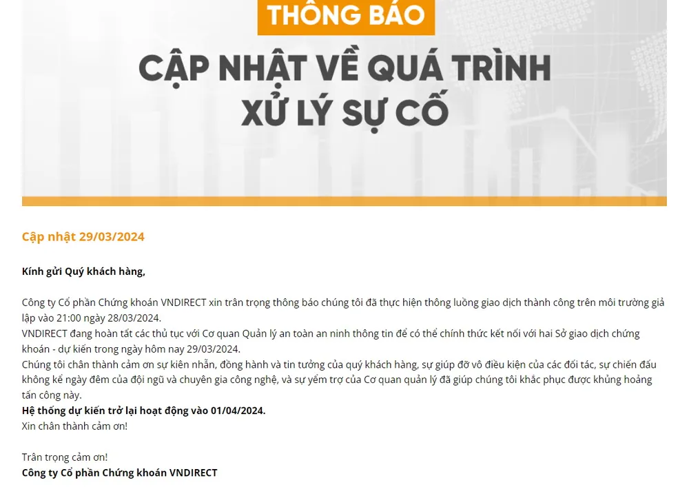 Chứng khoán VNDirect công bố ngày giao dịch trở lại sau sự cố sập hệ thống