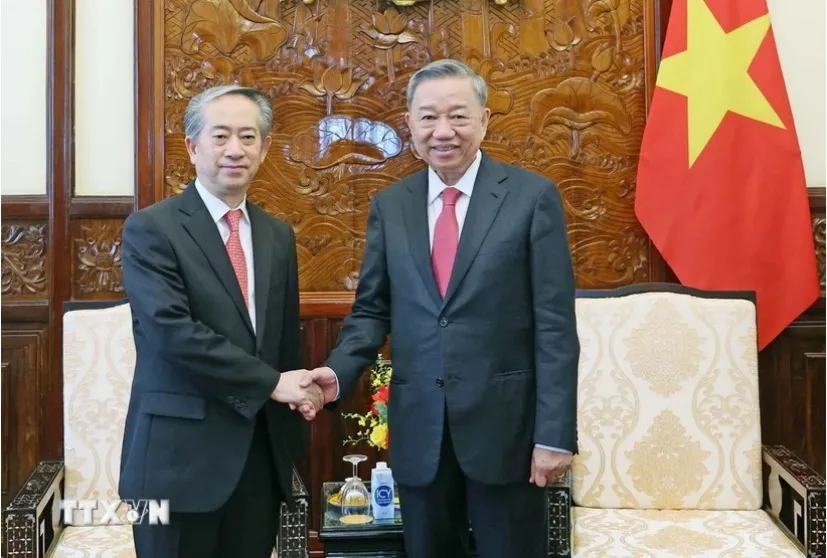 Chủ tịch nước Tô Lâm tiếp Đại sứ Trung Quốc tại Việt Nam Hùng Ba. (Ảnh: TTXVN) 1608E.jpg