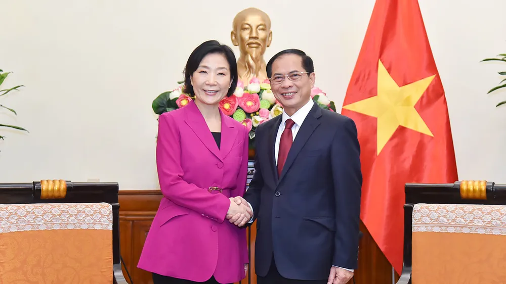 Phó Thủ tướng Chính phủ, Bộ trưởng Bộ Ngoại giao Bùi Thanh Sơn tiếp Bộ trưởng Doanh nghiệp vừa và nhỏ và khởi nghiệp Hàn Quốc Oh Young Ju. (Ảnh: TTXVN) Phó Thủ tướng, Bộ trưởng Ngoại giao Bùi Thanh Sơn tiếp Bộ trưởng Doanh nghiệp vừa và nhỏ và khởi nghiệp Hàn Quốc
