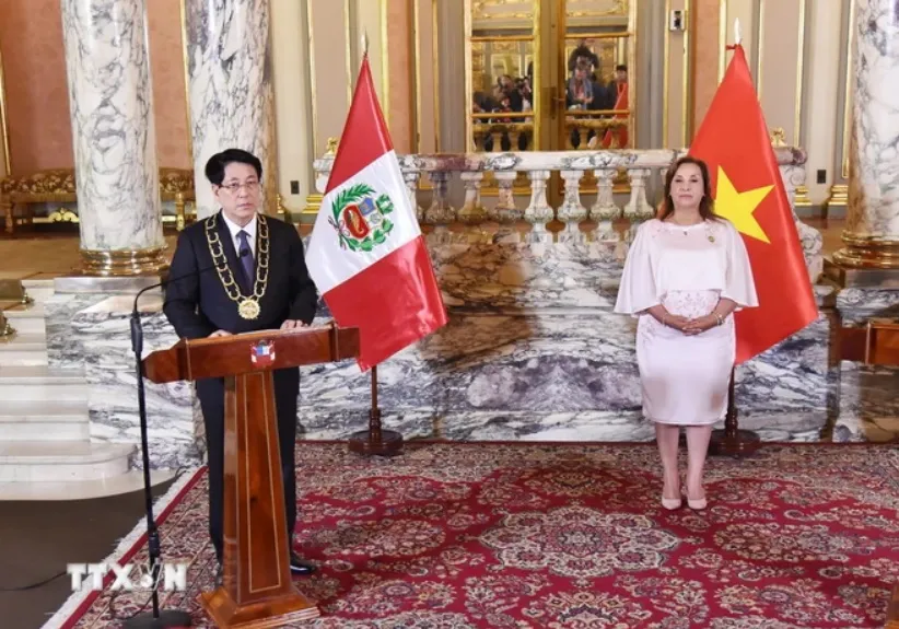 Chủ tịch nước Lương Cường phát biểu cảm ơn sau khi nhận Huân chương “Mặt trời Peru” cấp Đại Thập tự. (Ảnh: TTXVN) 1411A.jpg