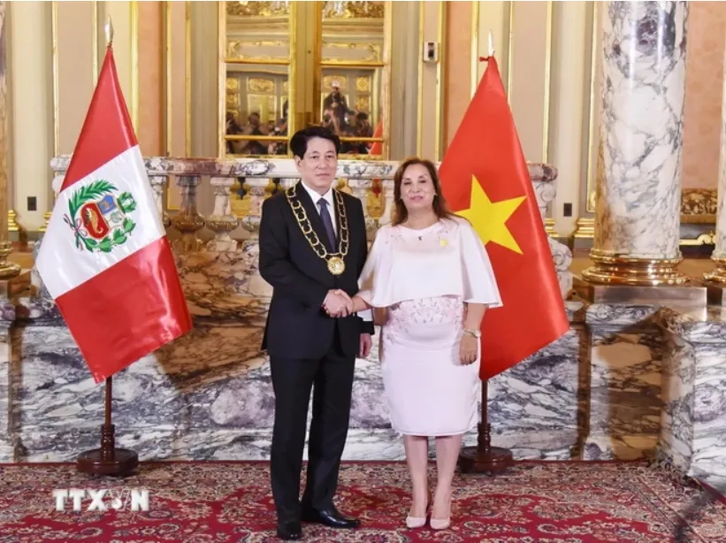Tổng thống Dina Ercilia Boluarte Zegarra trao Huân chương “Mặt trời Peru” cấp Đại Thập tự tặng Chủ tịch nước Lương Cường. (Ảnh: TTXVN) 1411D.jpg