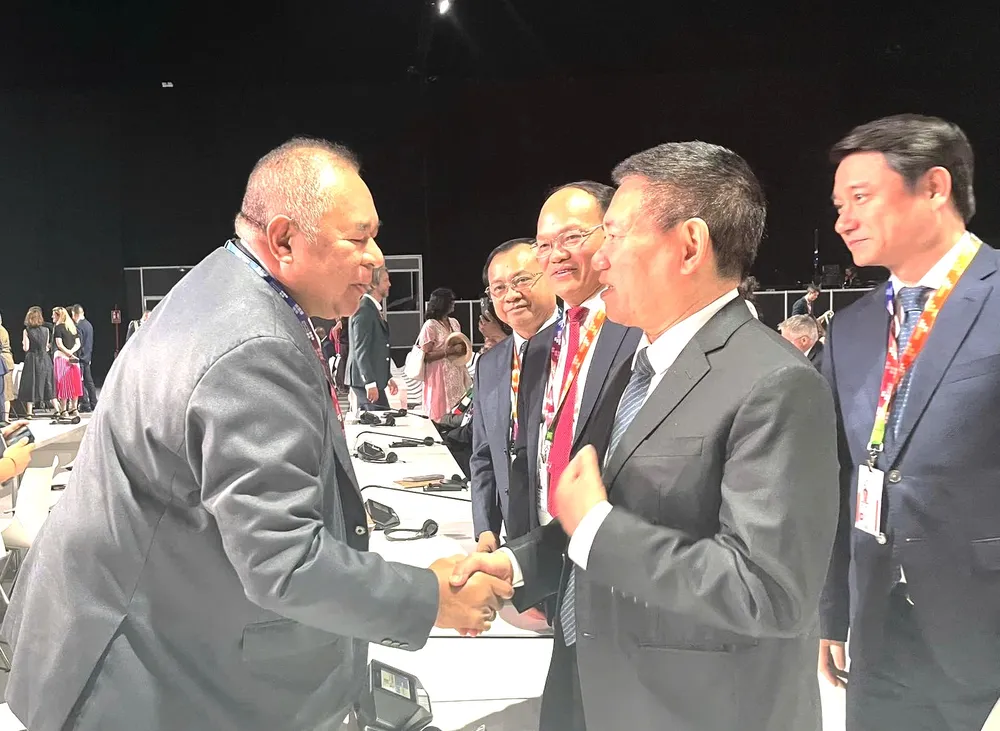 Phó Thủ tướng Hồ Đức Phớc gặp Bộ trưởng Ngoại giao và Hợp tác của Timor-Leste Bendito dos Santos Freitas. Ảnh: VGP 0107E.jpg