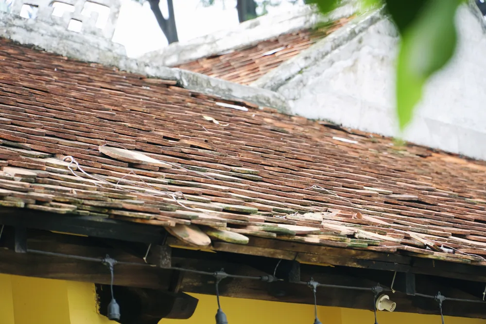 Phần mái ngói của đình đã hư hỏng, thấm dột mỗi khi mưa gió. ẢNH: NHẬT DIỄM
