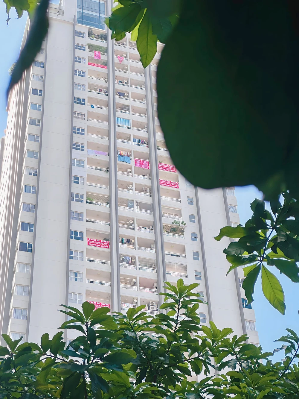 Chung cư bị treo băng rôn có thông tin sai sự thật. Ảnh: TS thông tin sai sự thật
