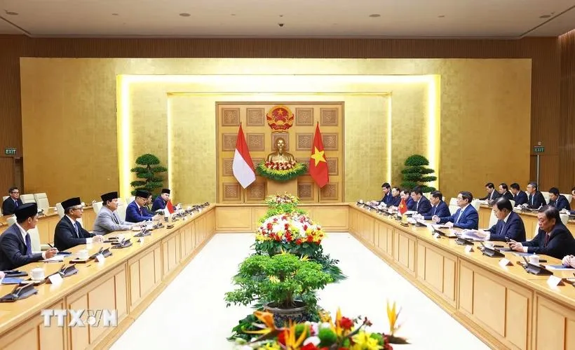 Thủ tướng Phạm Minh Chính hội kiến Tổng thống đắc cử Cộng hòa Indonesia Prabowo Subianto. (Ảnh: Dương Giang /TTXVN) thu-tuong-pham-minh-chinh-2.webp