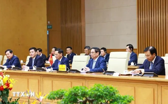 Thủ tướng Phạm Minh Chính phát biểu tại cuộc hội kiến Tổng thống đắc cử Indonesia Prabowo Subianto. Ảnh: Dương Giang/TTXVN thu-tuong-pham-minh-chinh-3.webp