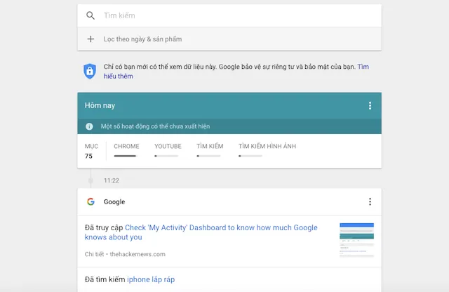 My Activity liệt kê đầy đủ các thông tin mà người dùng tìm kiếm