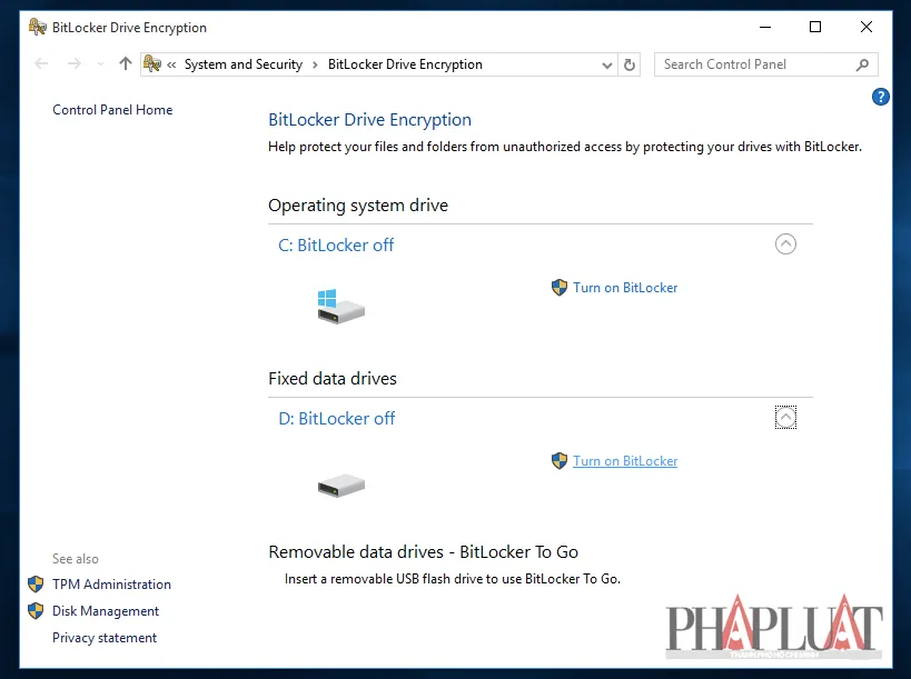 Kích hoạt tính năng BitLocker để mã hóa dữ liệu
