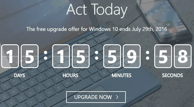Chỉ còn 15 ngày để nâng cấp Windows 10 miễn phí ảnh 1 Windows 10 upgrade timer