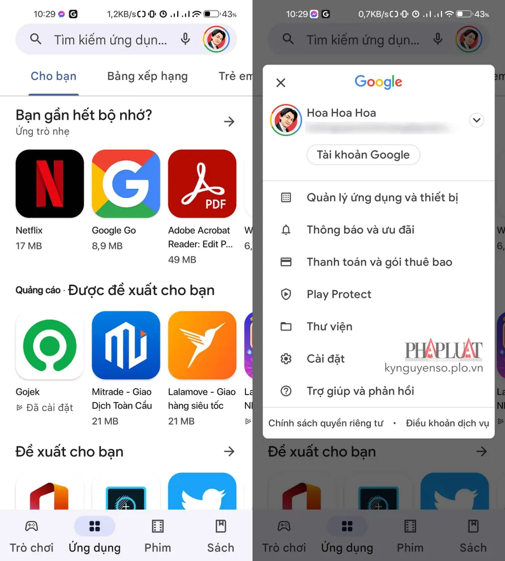 Truy cập vào phần cài đặt trên Google Play. Ảnh: MINH HOÀNG