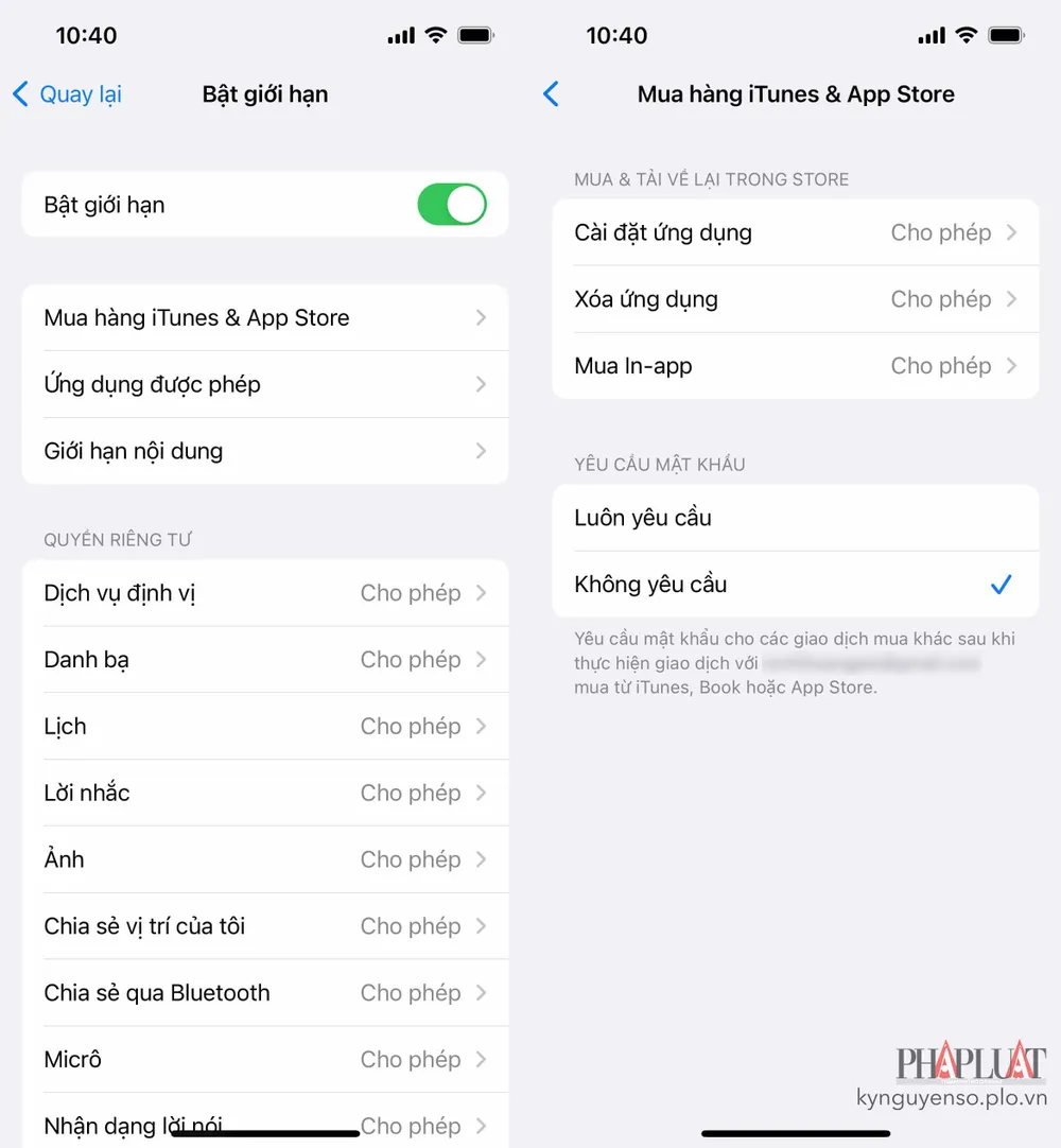 Tắt tính năng mua ứng dụng trên iPhone. Ảnh: MINH HOÀNG