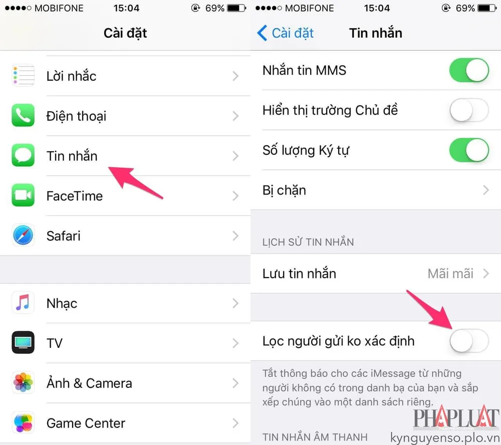 Chặn tin nhắn được gửi từ những người không xác định. Ảnh: MINH HOÀNG