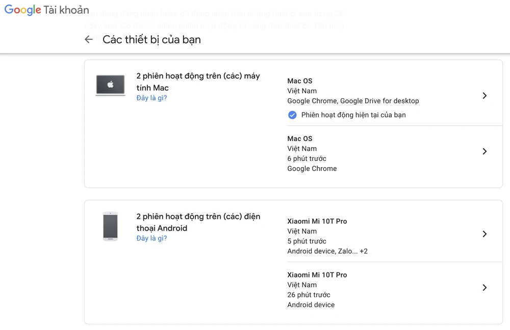 Danh sách các thiết bị đã đăng nhập tài khoản Google. Ảnh: MINH HOÀNG