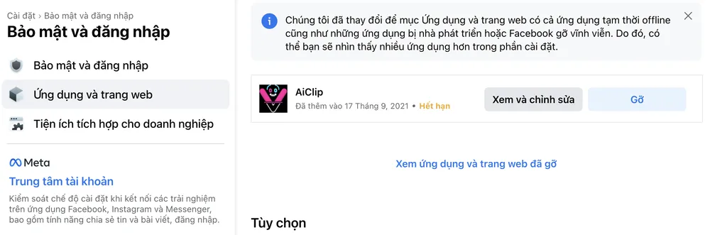 Gỡ các ứng dụng đã đăng nhập bằng tài khoản Facebook. Ảnh: TIỂU MINH