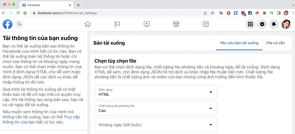 Tải về toàn bộ dữ liệu trên Facebook. Ảnh: TIỂU MINH