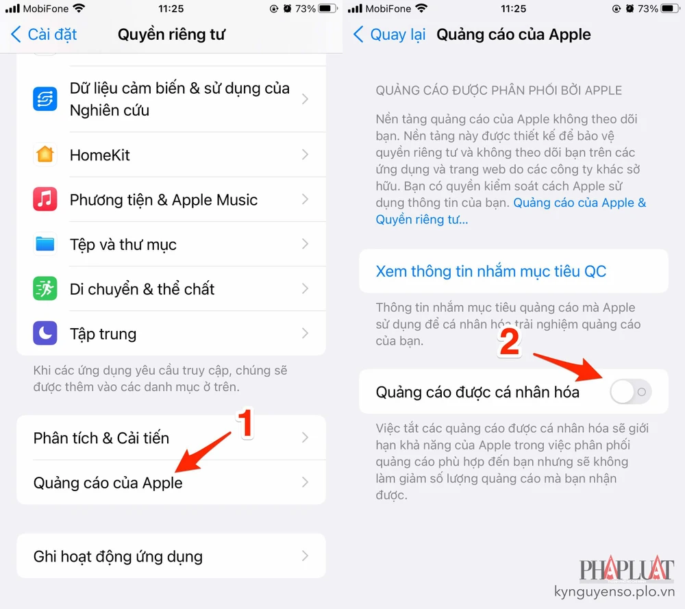 Tắt quảng cáo cá nhân hóa trên iPhone. Ảnh: TIỂU MINH