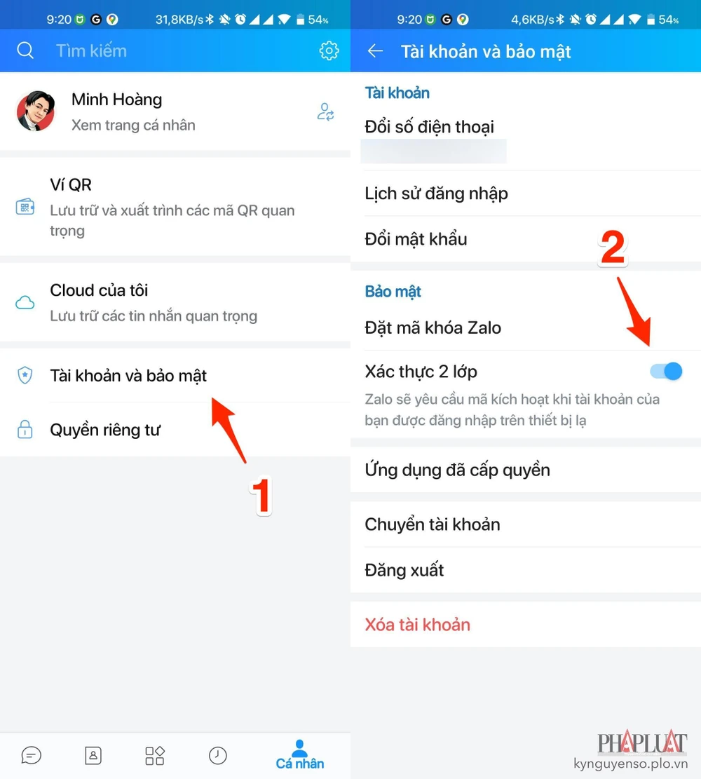 kich-hoat-xac-thuc-2-lop-zalo Kích hoạt xác thực 2 lớp trên Zalo. Ảnh: TIỂU MINH