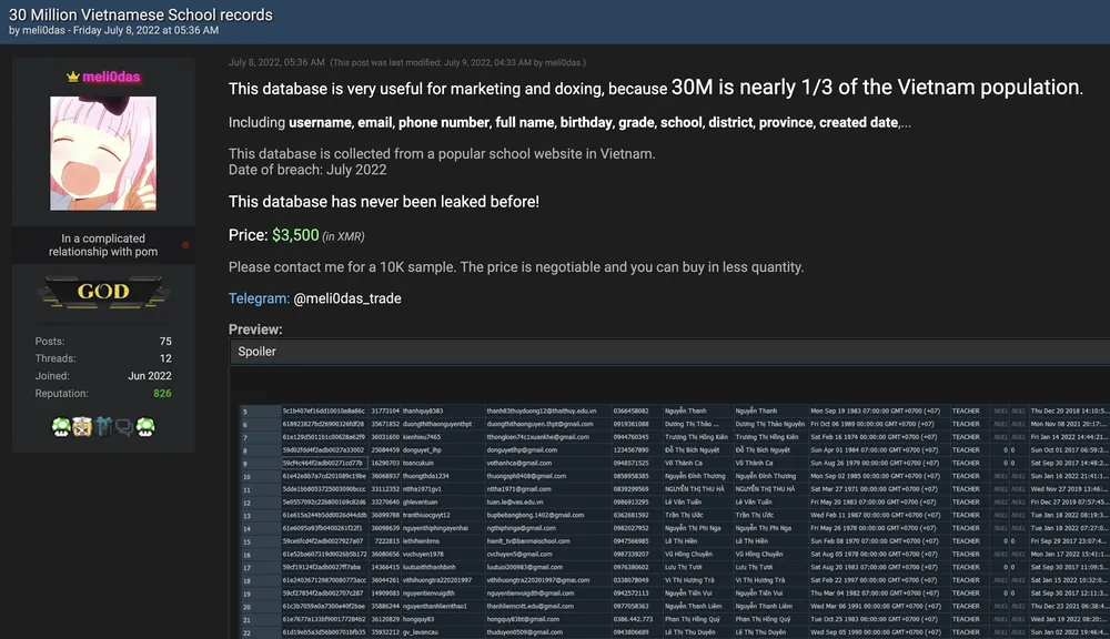 Bài đăng rao bán 30 triệu dữ liệu được cho là của các trường học tại Việt Nam. Ảnh: TIỂU MINH
