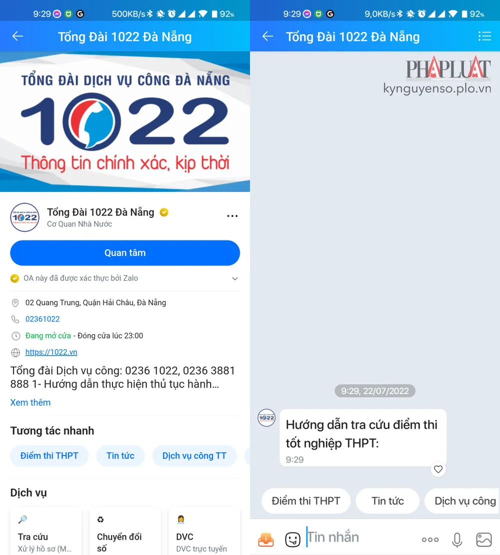 Tra cứu điểm thi THPT 2022 trên trang Zalo của các tỉnh thành. Ảnh: MINH HOÀNG