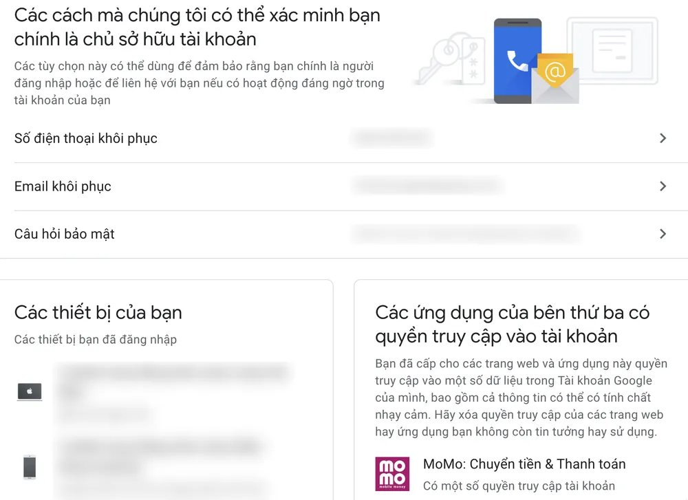 kiem-soat-thong-tin-khoi-phuc-tai-khoan Kiểm soát các thiết bị đang đăng nhập và thông tin khôi phục tài khoản. Ảnh: MINH HOÀNG