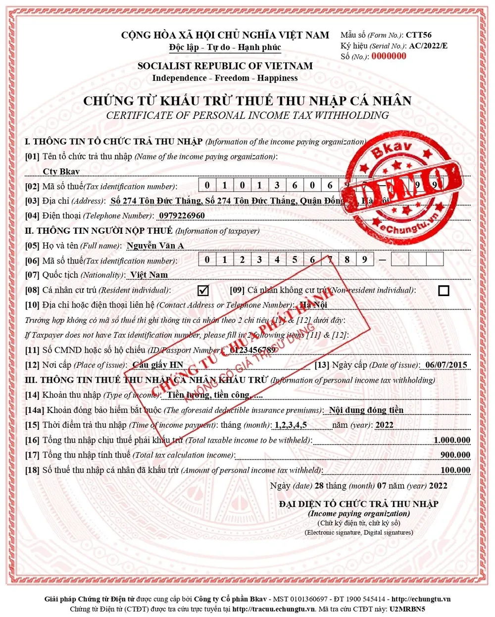 Hình ảnh chứng từ khấu trừ thuế TNCN điện tử