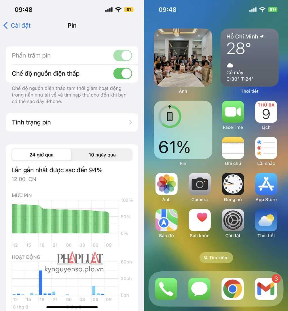 Biểu tượng pin khi bật chế độ nguồn điện thấp và cắm sạc. Ảnh: MINH HOÀNG