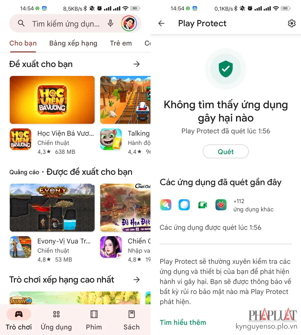 Kích hoạt Play Protect để đảm bảo an toàn khi sử dụng điện thoại. Ảnh: TIỂU MINH