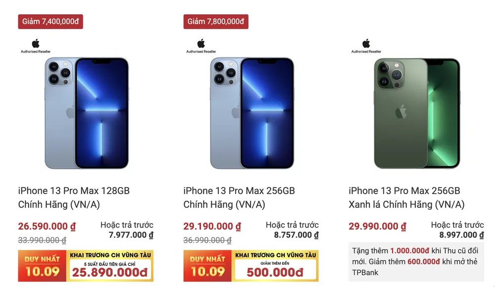 iPhone 13 series cũng đồng loạt được giảm giá tại nhiều nơi. Ảnh: TIỂU MINH