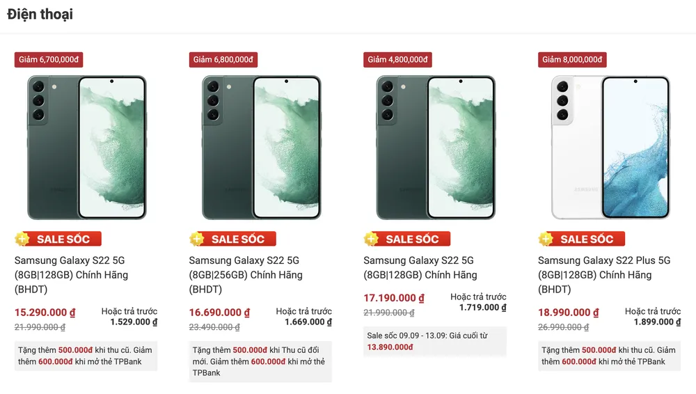 Galaxy S22 series giảm giá 7 triệu đồng tại nhiều hệ thống. Ảnh: TIỂU MINH