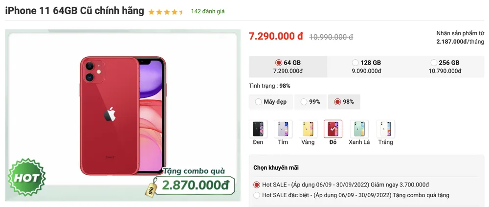 iPhone 11 64 GB đã qua sử dụng chỉ còn 7,29 triệu đồng. Ảnh: TIỂU MINH