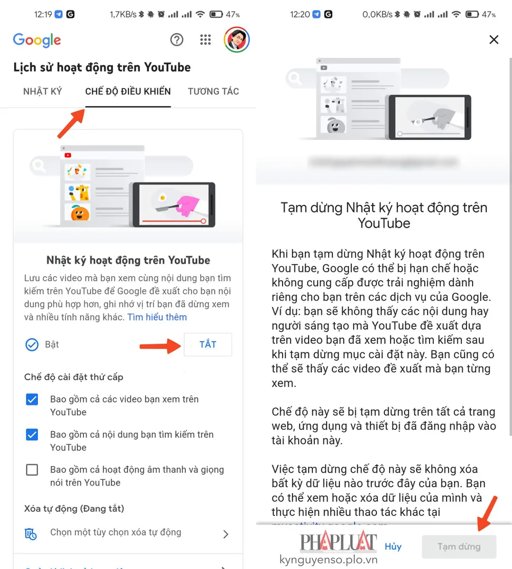 Tắt tính năng theo dõi hoạt động của YouTube. Ảnh: MINH HOÀNG
