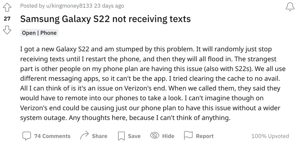 galaxy-s22-khong-nhan-duoc-tin-nhan Nhiều người dùng than phiền về sự cố không nhận được tin nhắn trên Galaxy S22 series. Ảnh: TIỂU MINH
