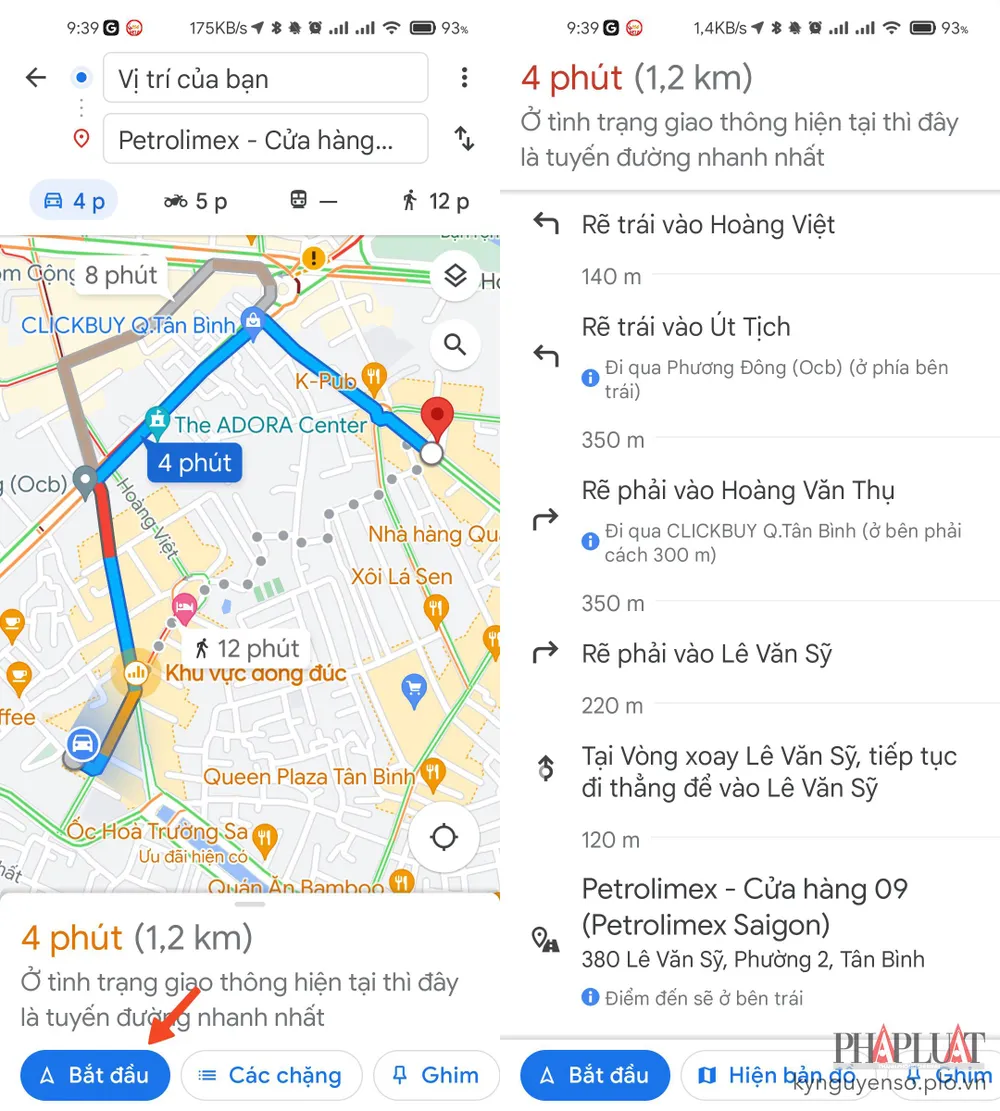 Google Maps hướng dẫn đường đi chi tiết đến trạm xăng. Ảnh: MINH HOÀNG