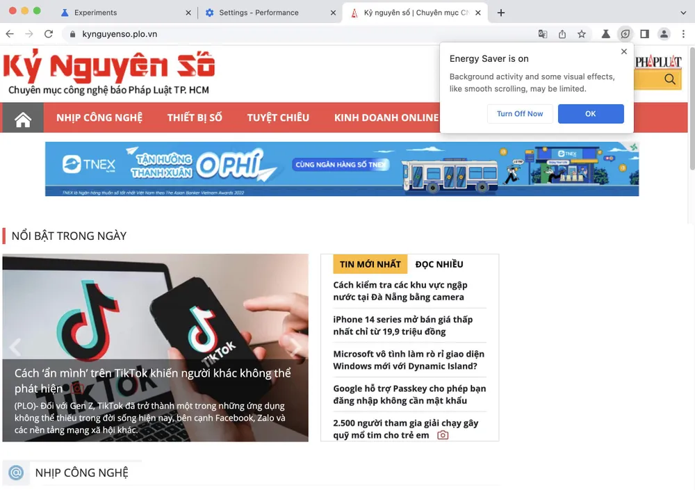 Google Chrome sẽ tự động giảm bớt các hiệu ứng nhằm kéo dài thời gian sử dụng pin. Ảnh: MINH HOÀNG