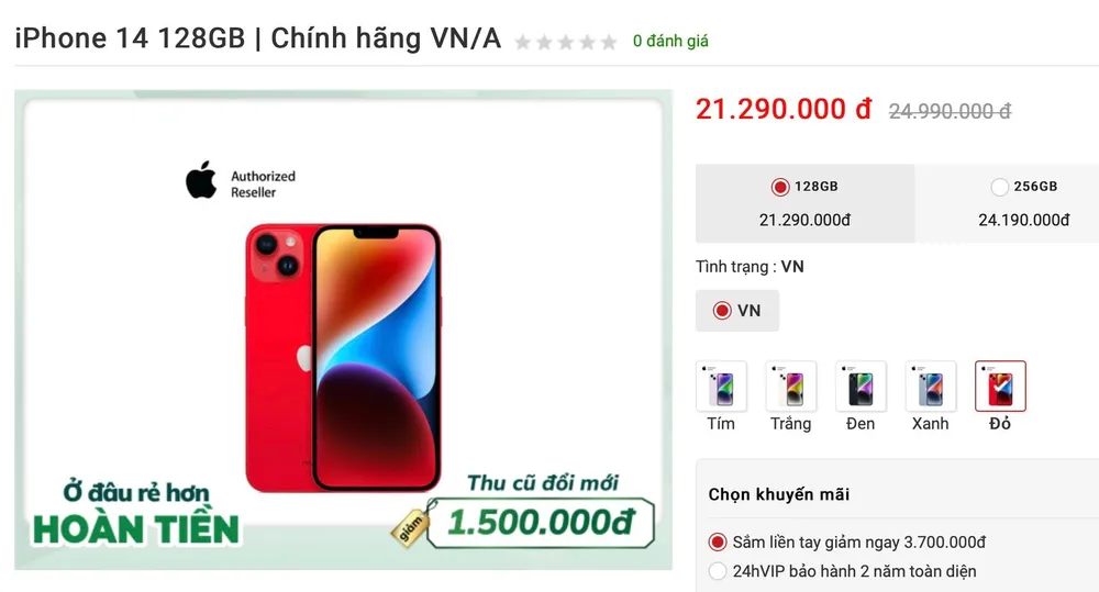 iPhone 14 giá chỉ còn 21,29 triệu đồng tại 24hStore. Ảnh: TIỂU MINH