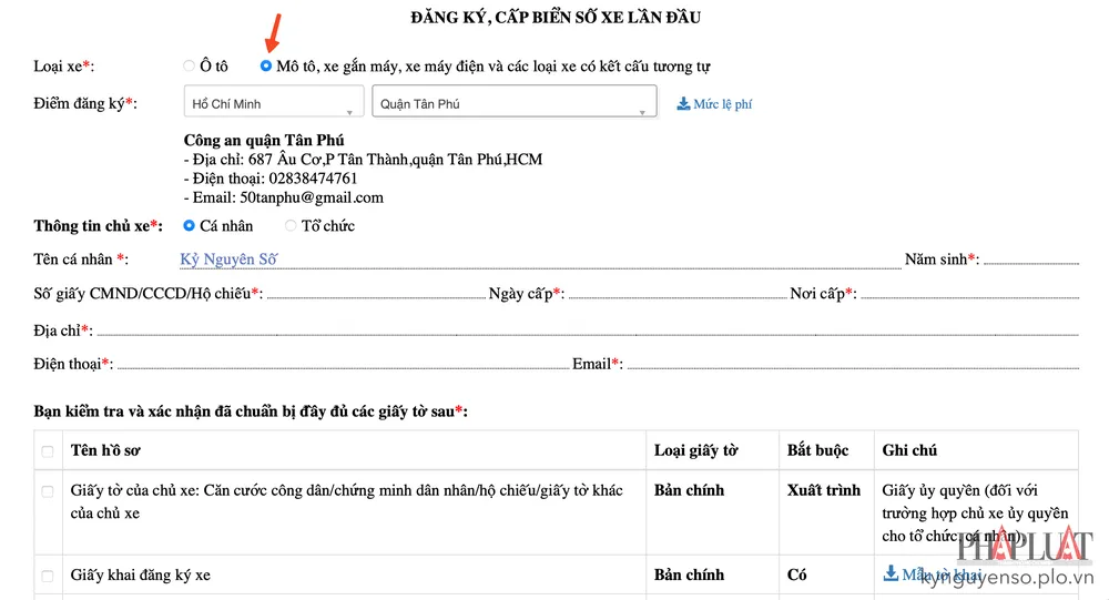 Lựa chọn loại xe và khai báo đầy đủ thông tin cần thiết. Ảnh: MINH HOÀNG