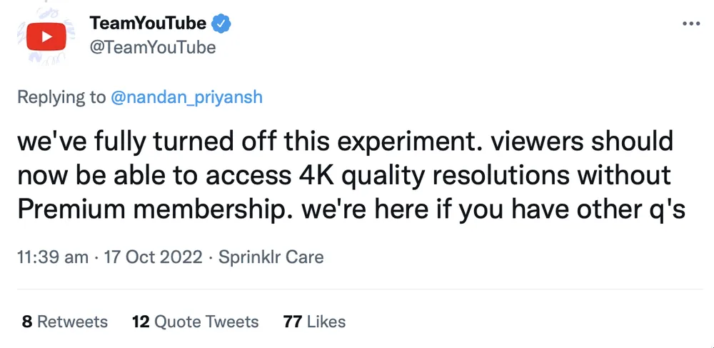 YouTube xác nhận ngừng thử nghiệm thu phí nội dung 4K. Ảnh: TIỂU MINH