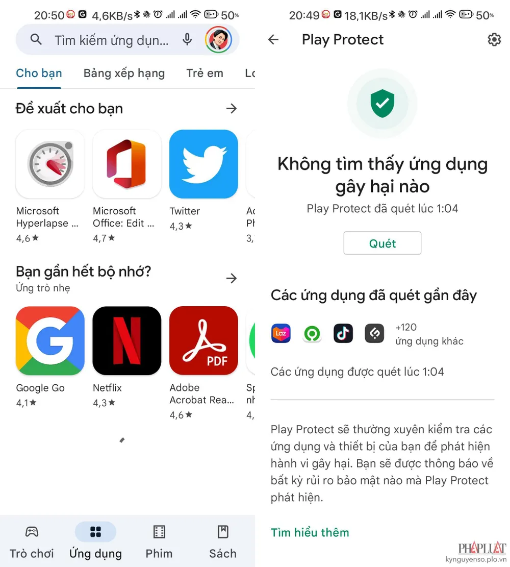 Cách bật Play Protect trên điện thoại Android. Ảnh: MINH HOÀNG