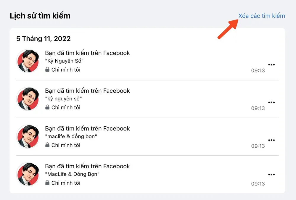 Xóa toàn bộ lịch sử tìm kiếm Facebook trên máy tính. Ảnh: MINH HOÀNG