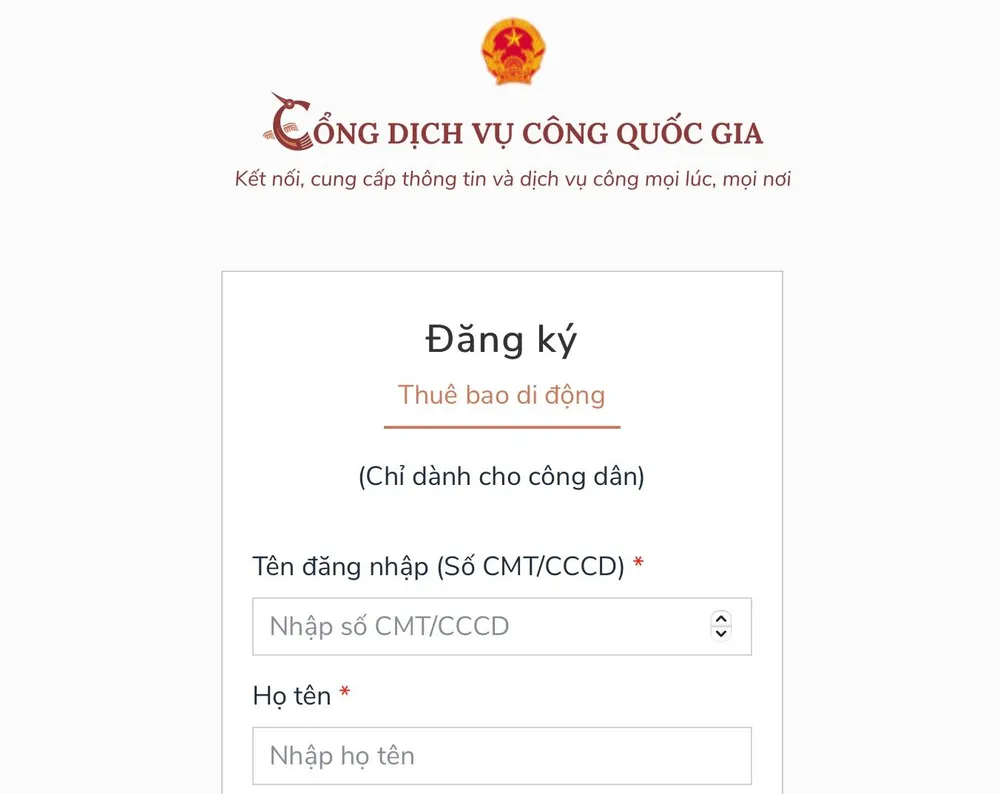 Đăng ký tài khoản miễn phí trên cổng Dịch vụ công Quốc gia. Ảnh: MINH HOÀNG