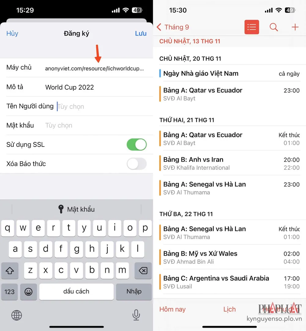 Lịch thi đấu World Cup 2022 đã được thêm vào ứng dụng Calendar (lịch) trên iPhone. Ảnh: MINH HOÀNG