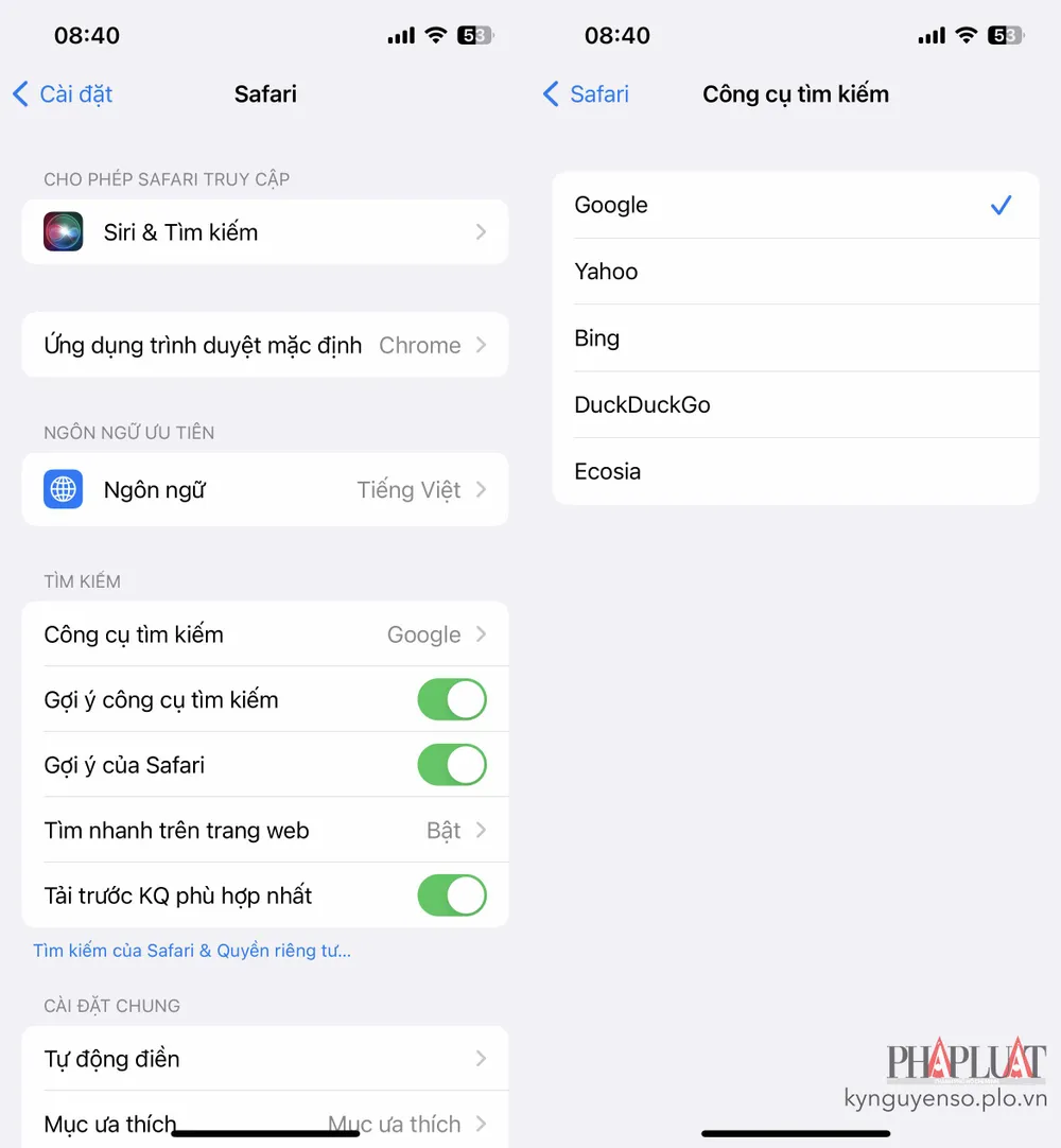 thay-doi-cong-cu-tim-kiem-mac-dinh-tren-safari Thay đổi công cụ tìm kiếm mặc định trên iPhone. Ảnh: TIỂU MINH