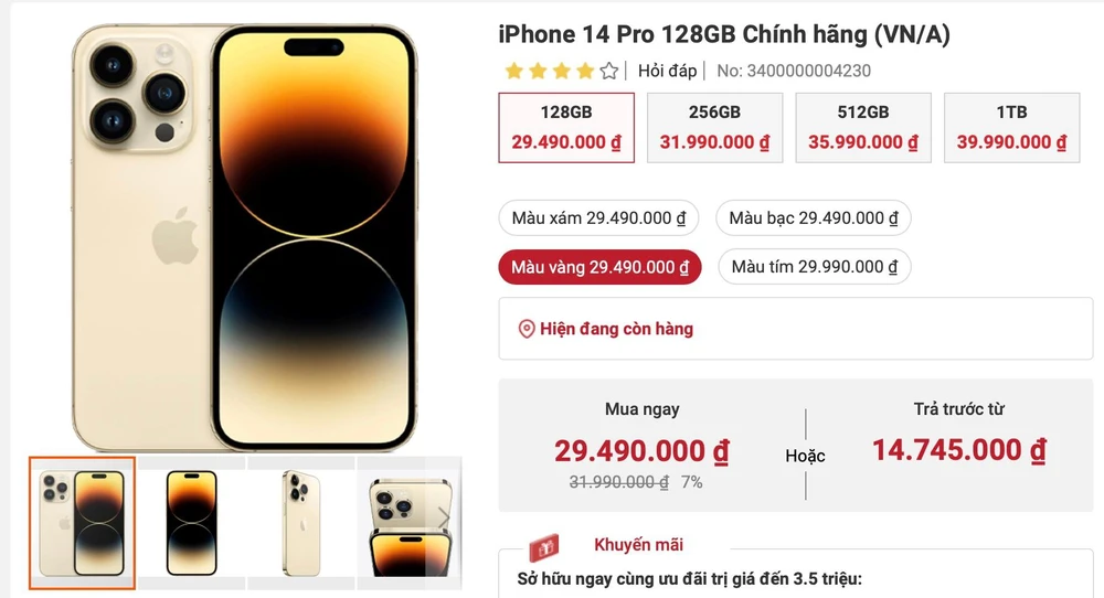 Giá bán iPhone 14 Pro 128 GB chính hãng. Ảnh: TIỂU MINH