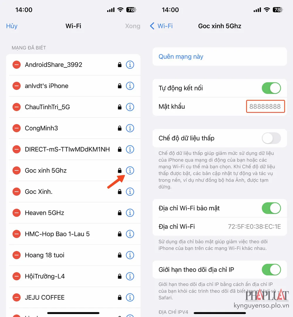 cach-xem-lai-mat-khau-wifi-da-luu-tren-iphone cách xem lại toàn bộ mật khẩu WiFi đã lưu trước đó. Ảnh: MINH HOÀNG