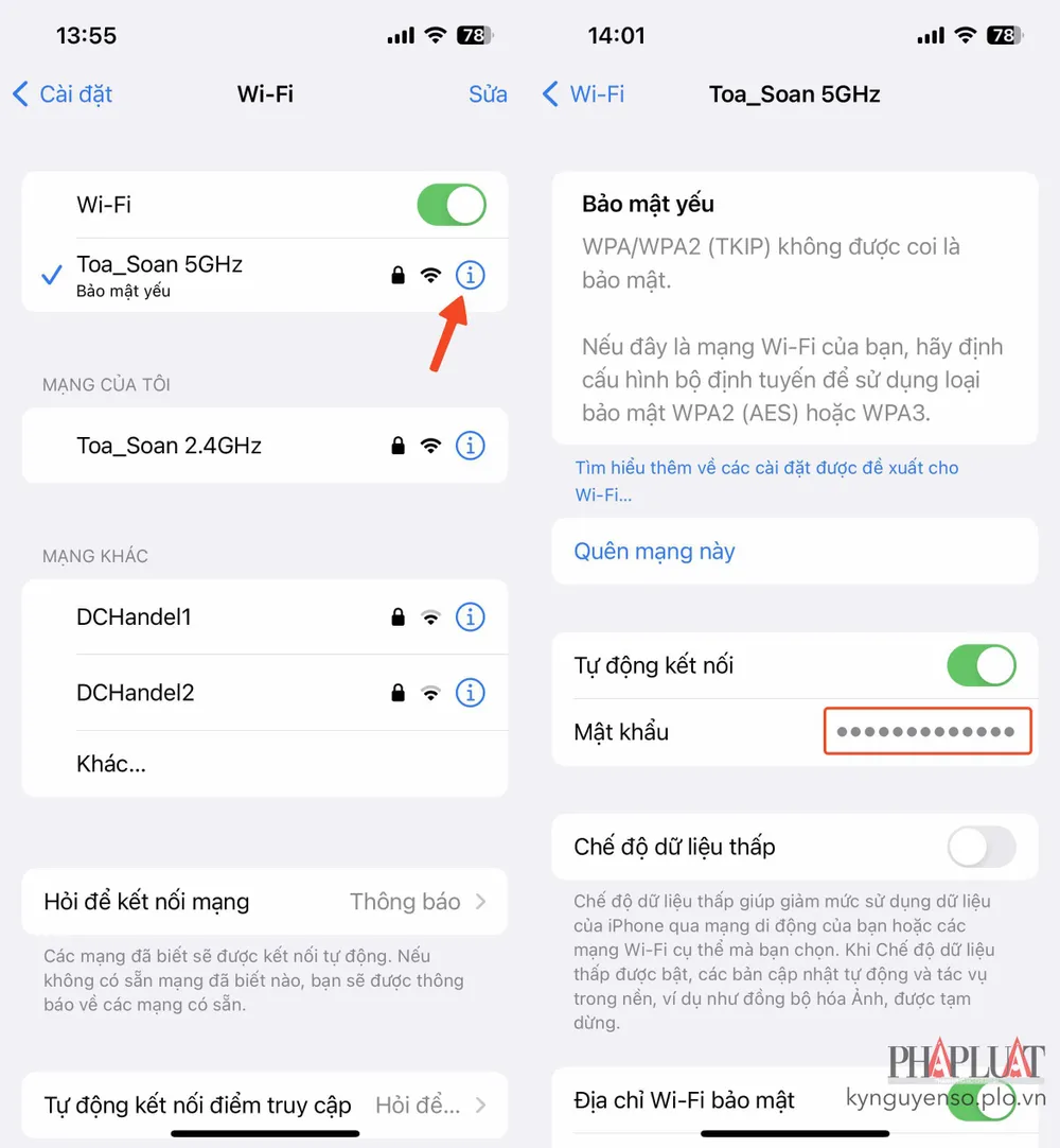 cach-xem-lai-mat-khau-wifi-tren-iphone Cách xem lại mật khẩu WiFi trên iPhone. Ảnh: MINH HOÀNG