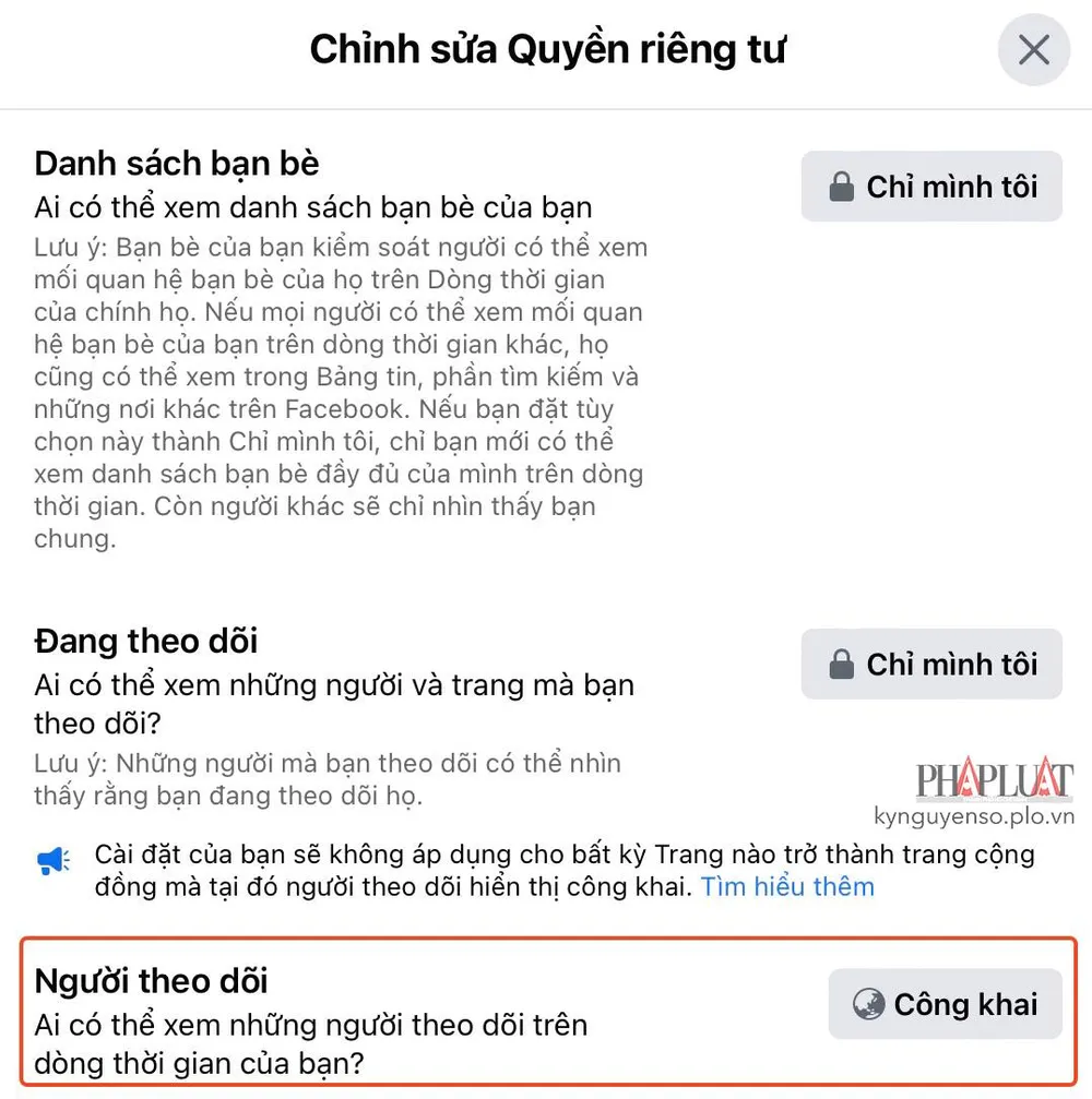 Thay đổi thiết lập liên quan đến tính năng theo dõi trên Facebook. Ảnh: MINH HOÀNG