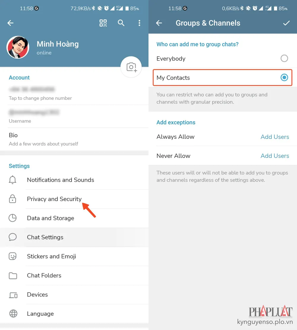 Cách để không bị thêm vào các nhóm spam trên Telegram. Ảnh: MINH HOÀNG